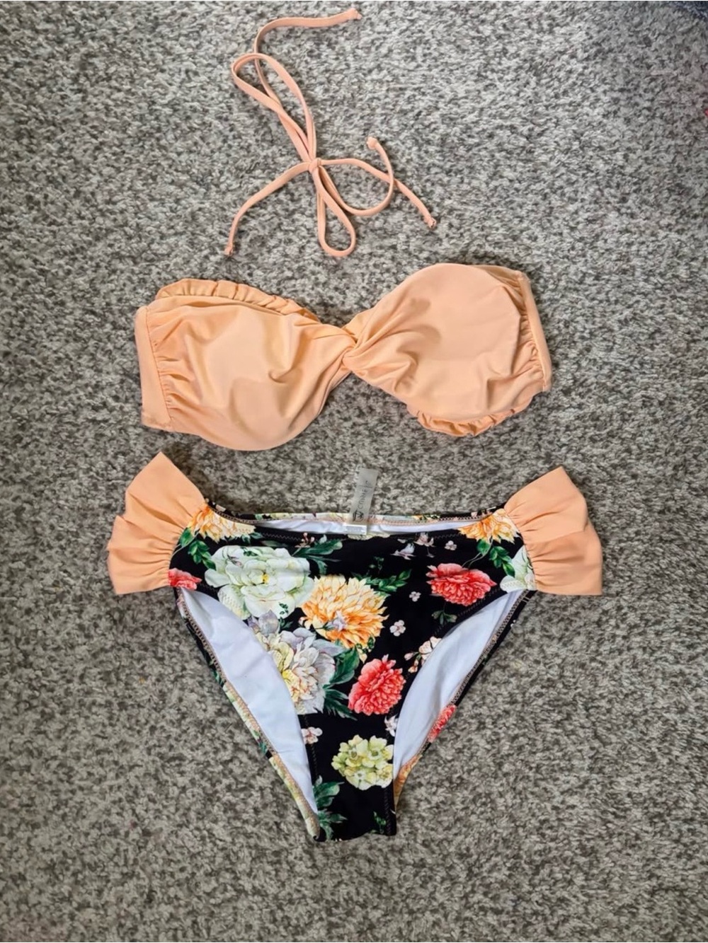Cupshe Black Floral Bandeau Bikini Top with Peach and Green Accents